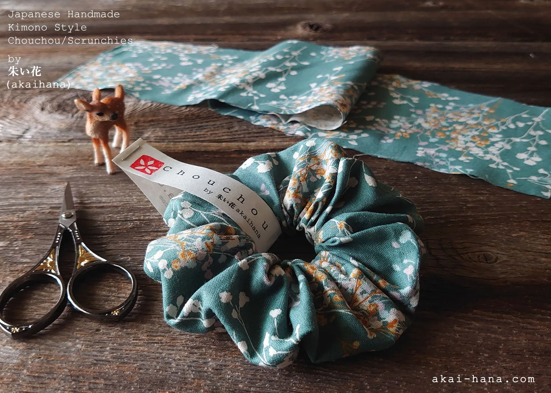 Japanese Handmade Cotton Linen Scrunchies, Flower Bouquet, Grayish Green