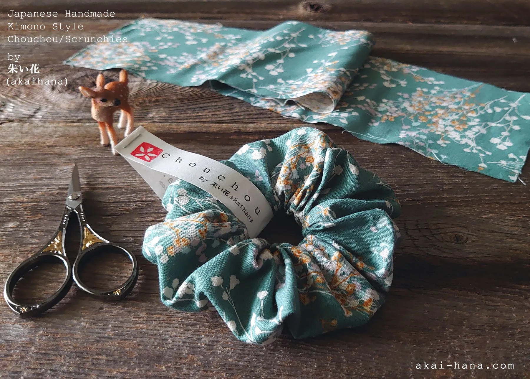 Japanese Handmade Cotton Linen Scrunchies, Flower Bouquet, Grayish Green