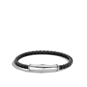 John Hardy Silver and Black Leather Bamboo Bracelet