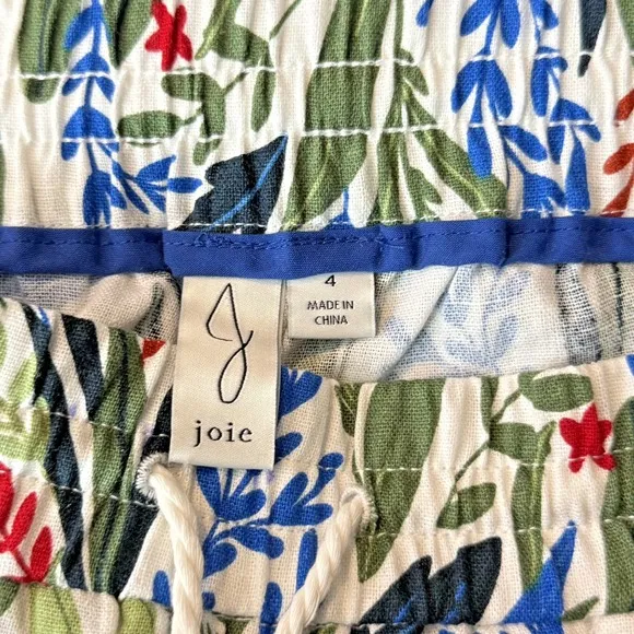 Joie Linen Leaf Print High Rise Shorts White Green Women's Size Small Pockets