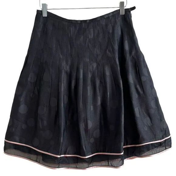 Kay Unger 100% Silk Pleated A line Skirt Polka Dot Chiffon Black Pink Trim 4