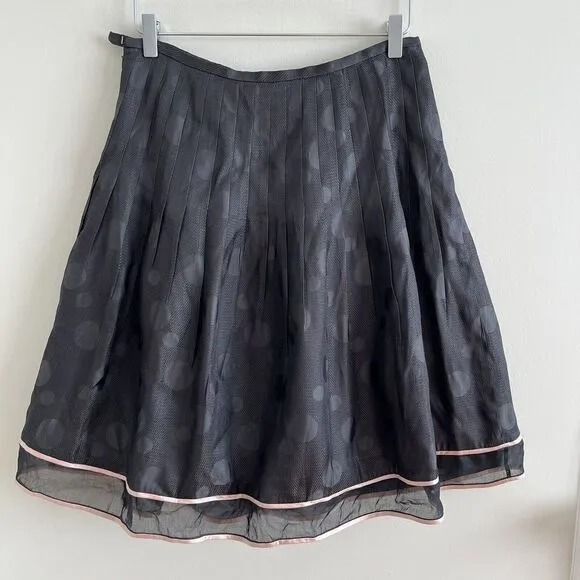 Kay Unger 100% Silk Pleated A line Skirt Polka Dot Chiffon Black Pink Trim 4