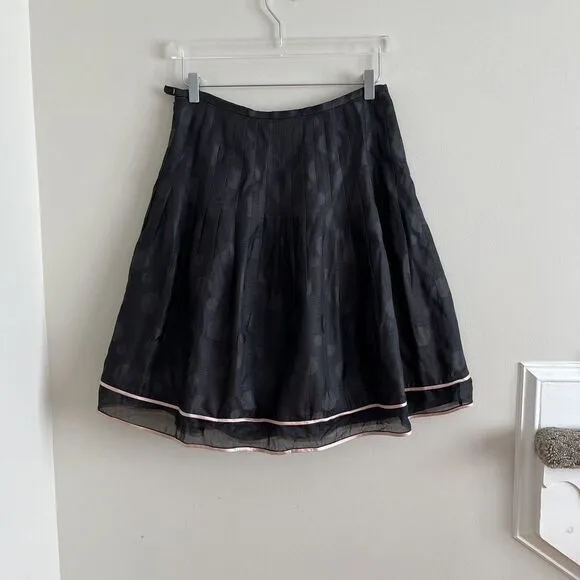 Kay Unger 100% Silk Pleated A line Skirt Polka Dot Chiffon Black Pink Trim 4
