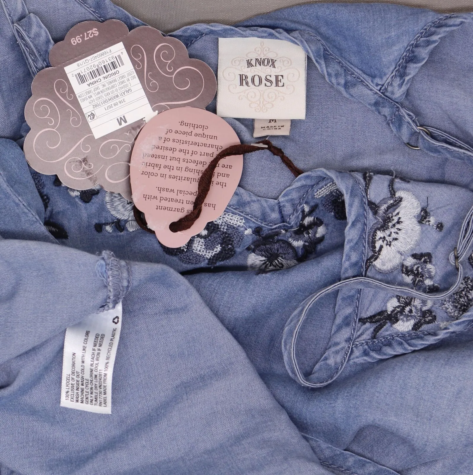 Knox Rose Women's Sleeveless Embroidered Chambray Sharkbite Shift Dress