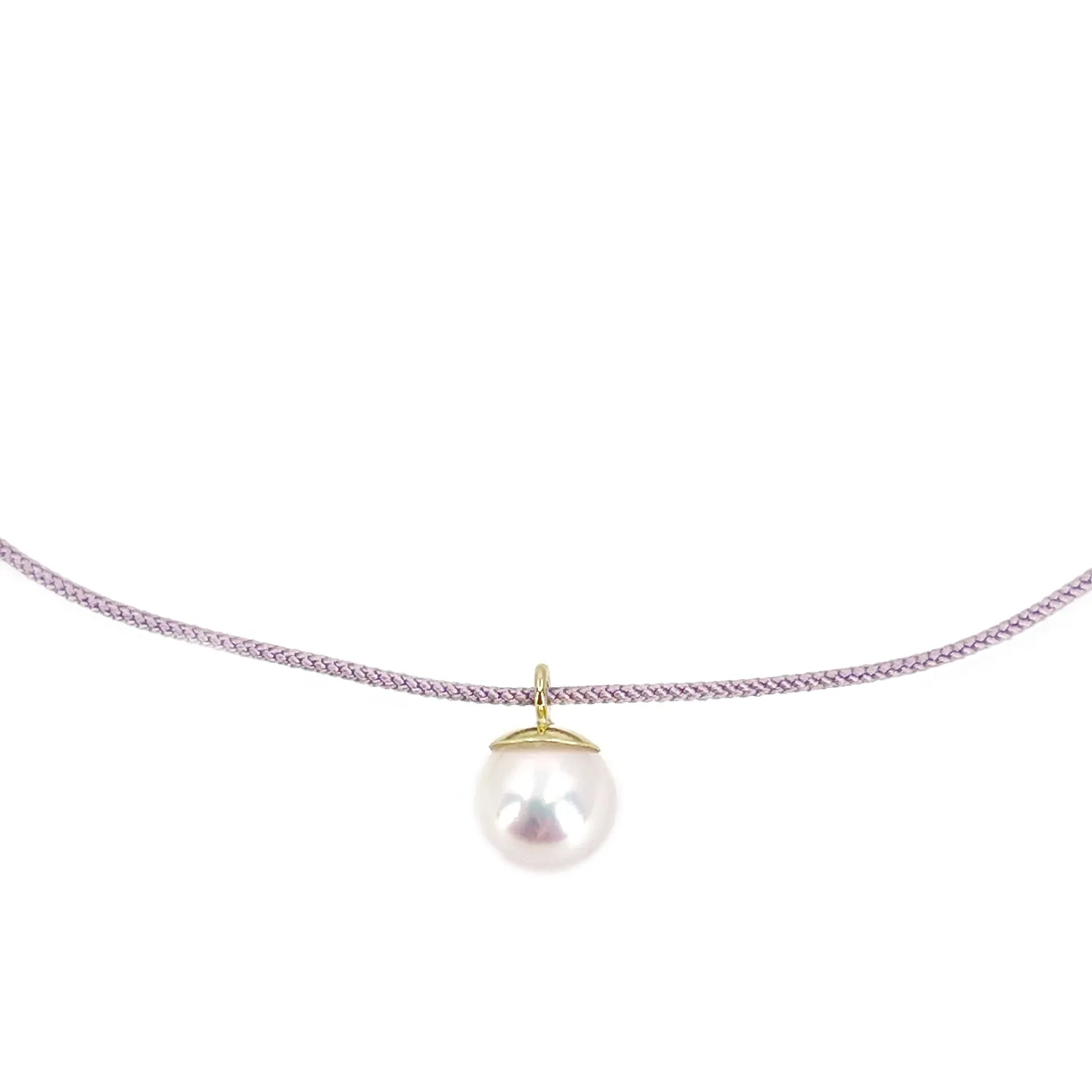 Kumihimo Braided Lavender Purple Silk Vintage Akoya Saltwater Cultured Pearl Adjustable Necklace-14K Yellow Gold