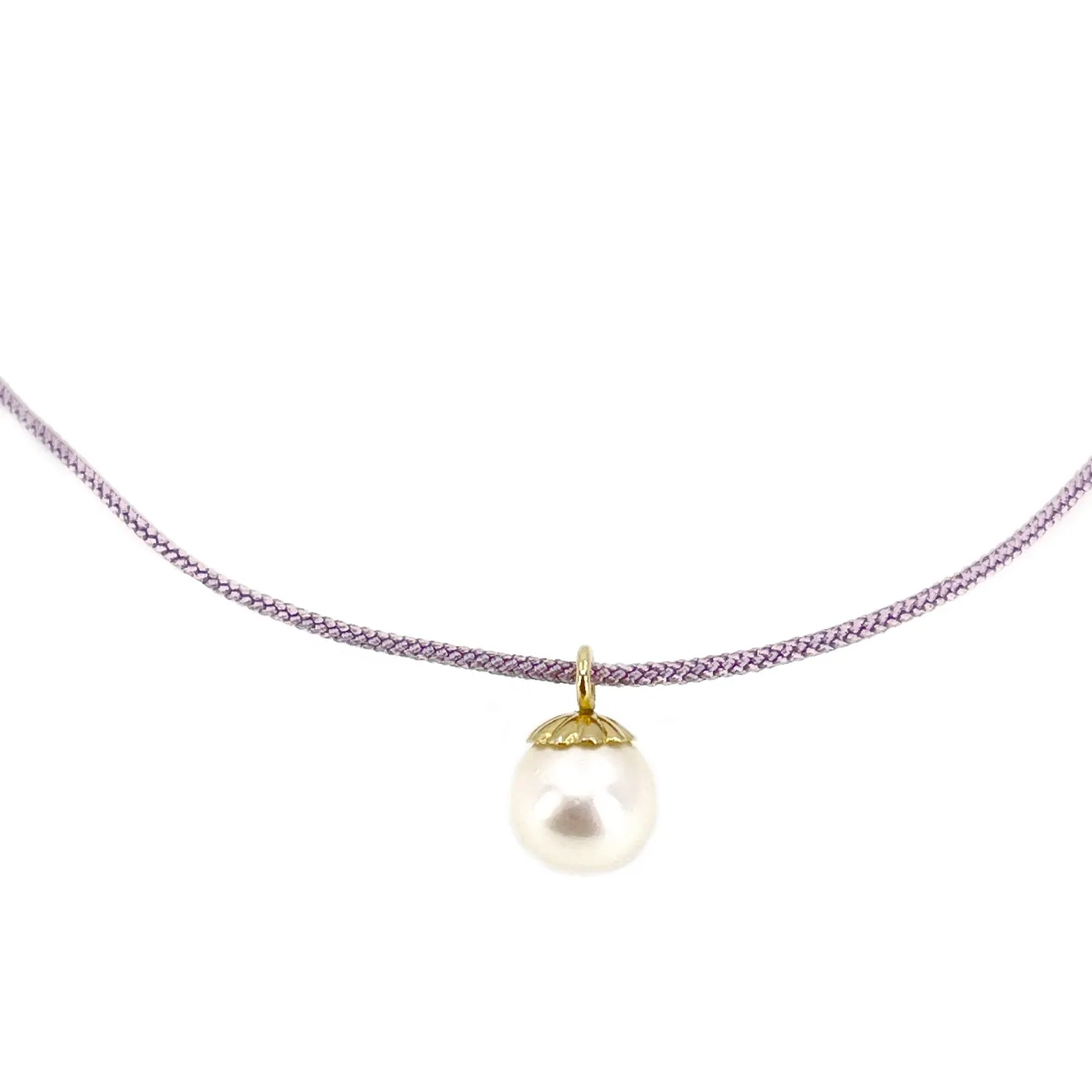 Kumihimo Braided Lavender Purple Silk Vintage Akoya Saltwater Cultured Pearl Adjustable Necklace-14K Yellow Gold