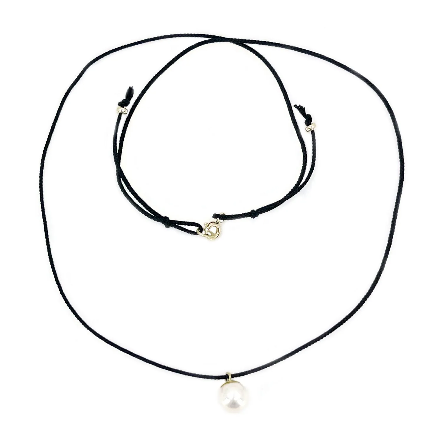 Kumihimo Braided Pure Black Silk Vintage Akoya Saltwater Cultured Pearl Adjustable Necklace-14K Yellow Gold