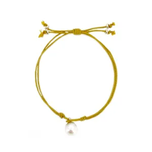 Kumihimo Braided Yellow Ocher Silk Vintage Akoya Saltwater Cultured Pearl Adjustable Bracelet-14K Yellow Gold