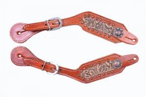 Ladies leather spur straps with Brown and Black Filigree print