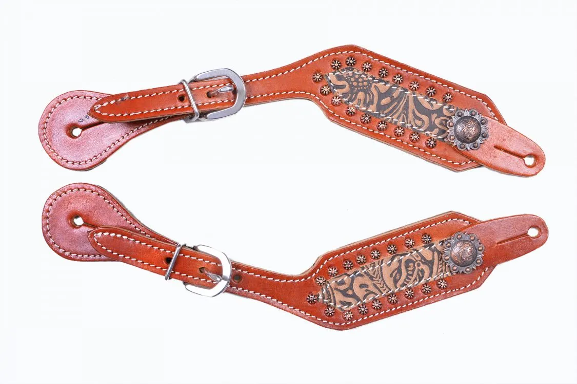 Ladies leather spur straps with Brown and Black Filigree print
