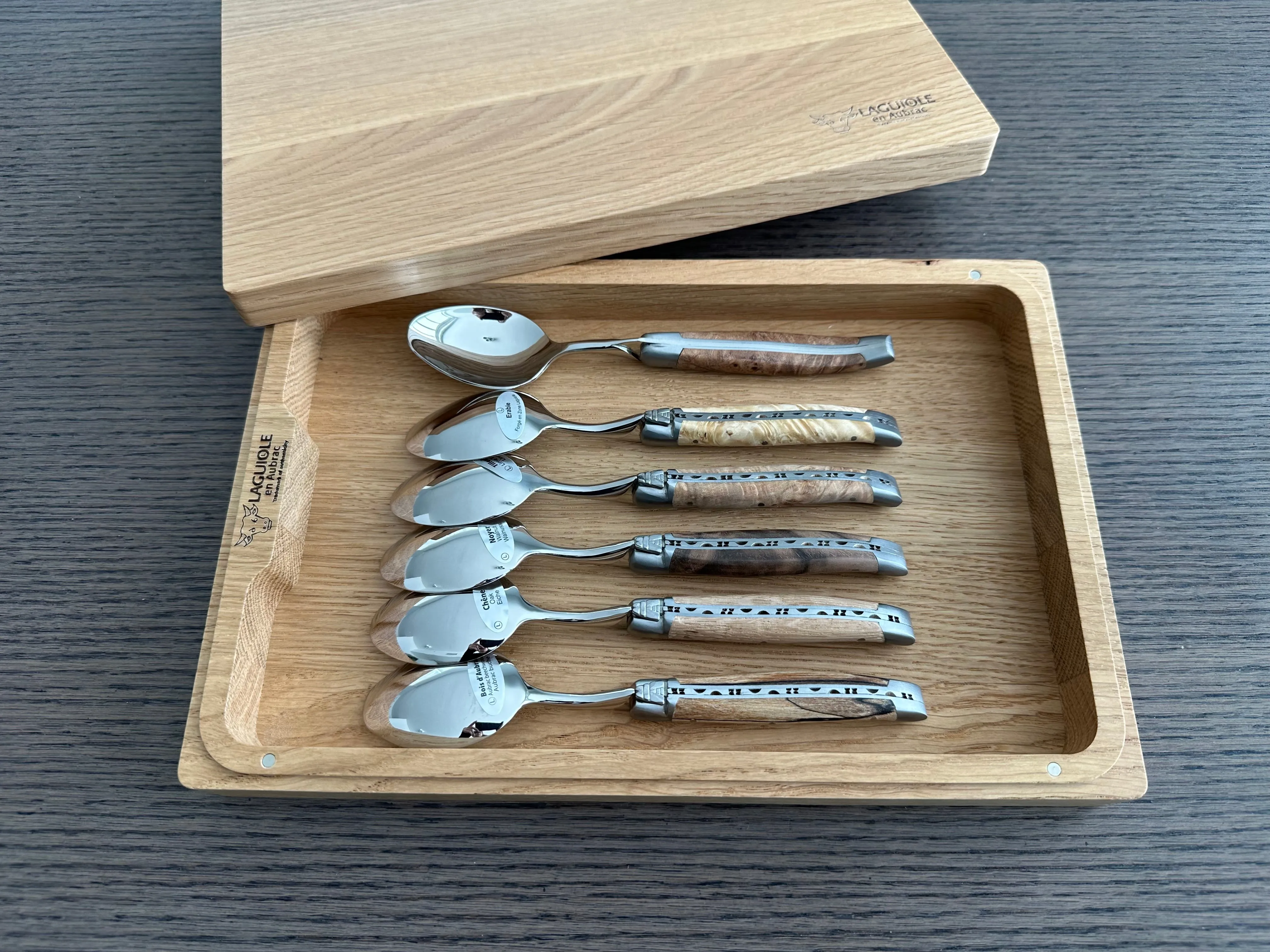 Laguiole en Aubrac Handcrafted 6-Piece Dessert Spoon Set with Mixed European Wood Handles