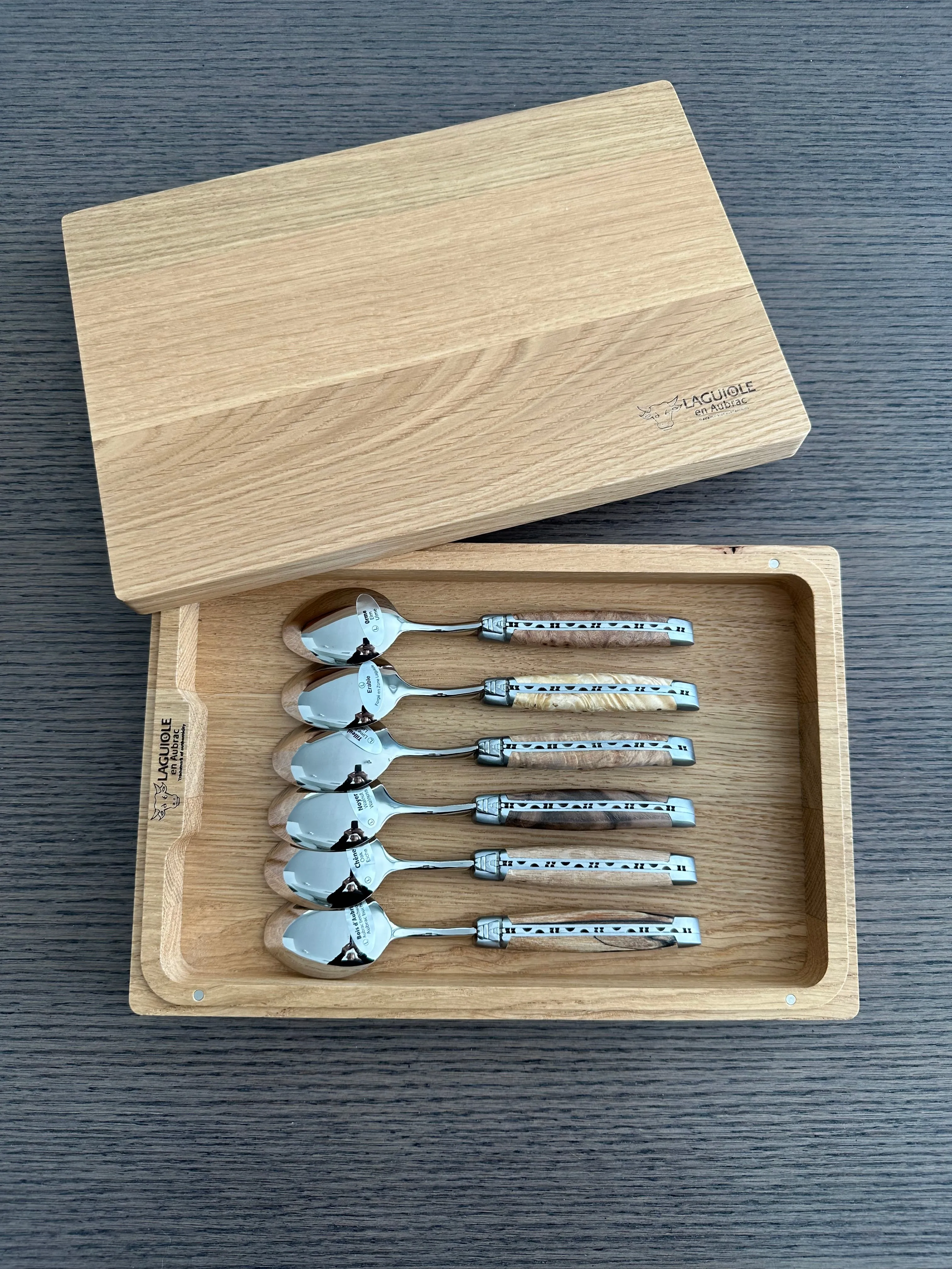 Laguiole en Aubrac Handcrafted 6-Piece Dessert Spoon Set with Mixed European Wood Handles