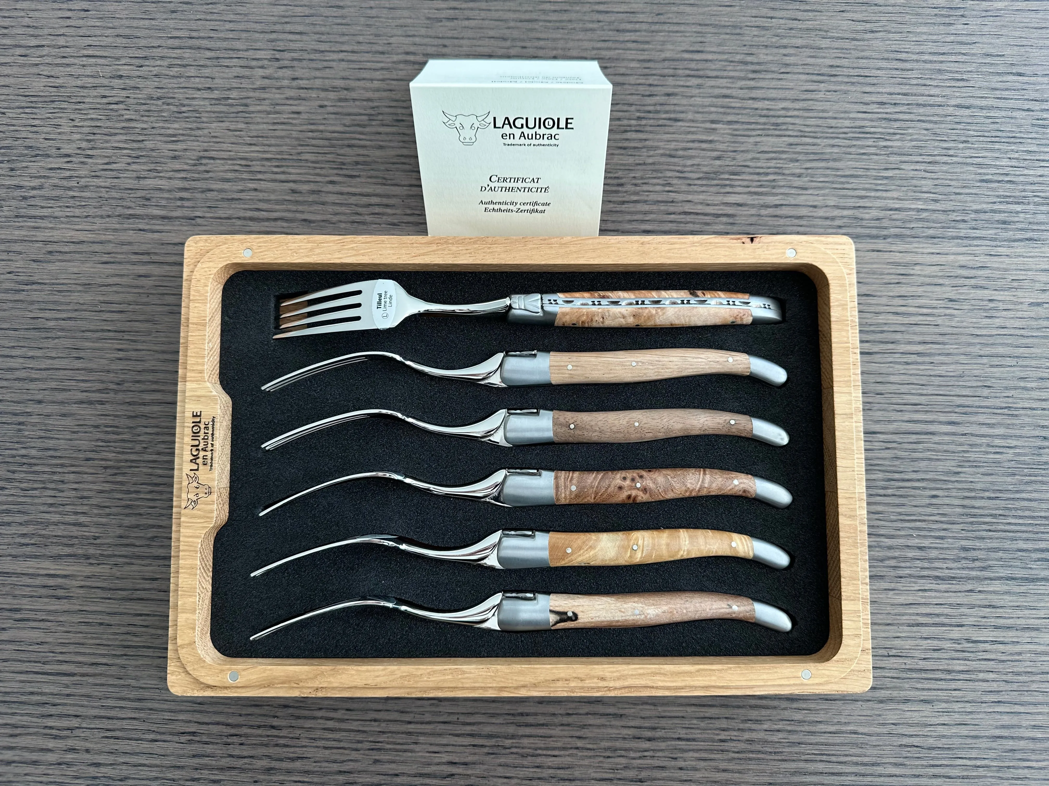 Laguiole en Aubrac Handcrafted 6-Piece Dinner Fork Set with Mixed European Wood Handles