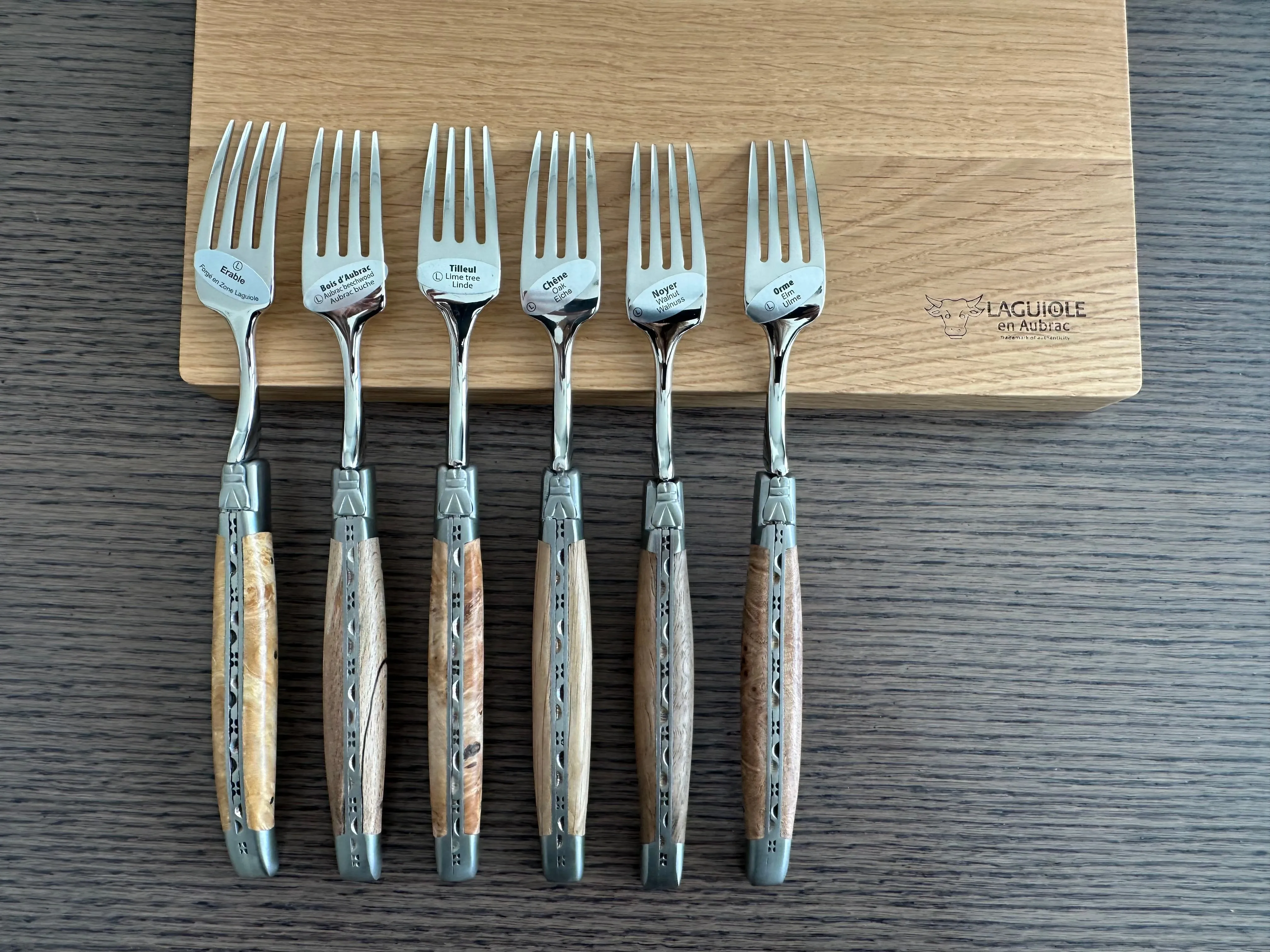 Laguiole en Aubrac Handcrafted 6-Piece Dinner Fork Set with Mixed European Wood Handles