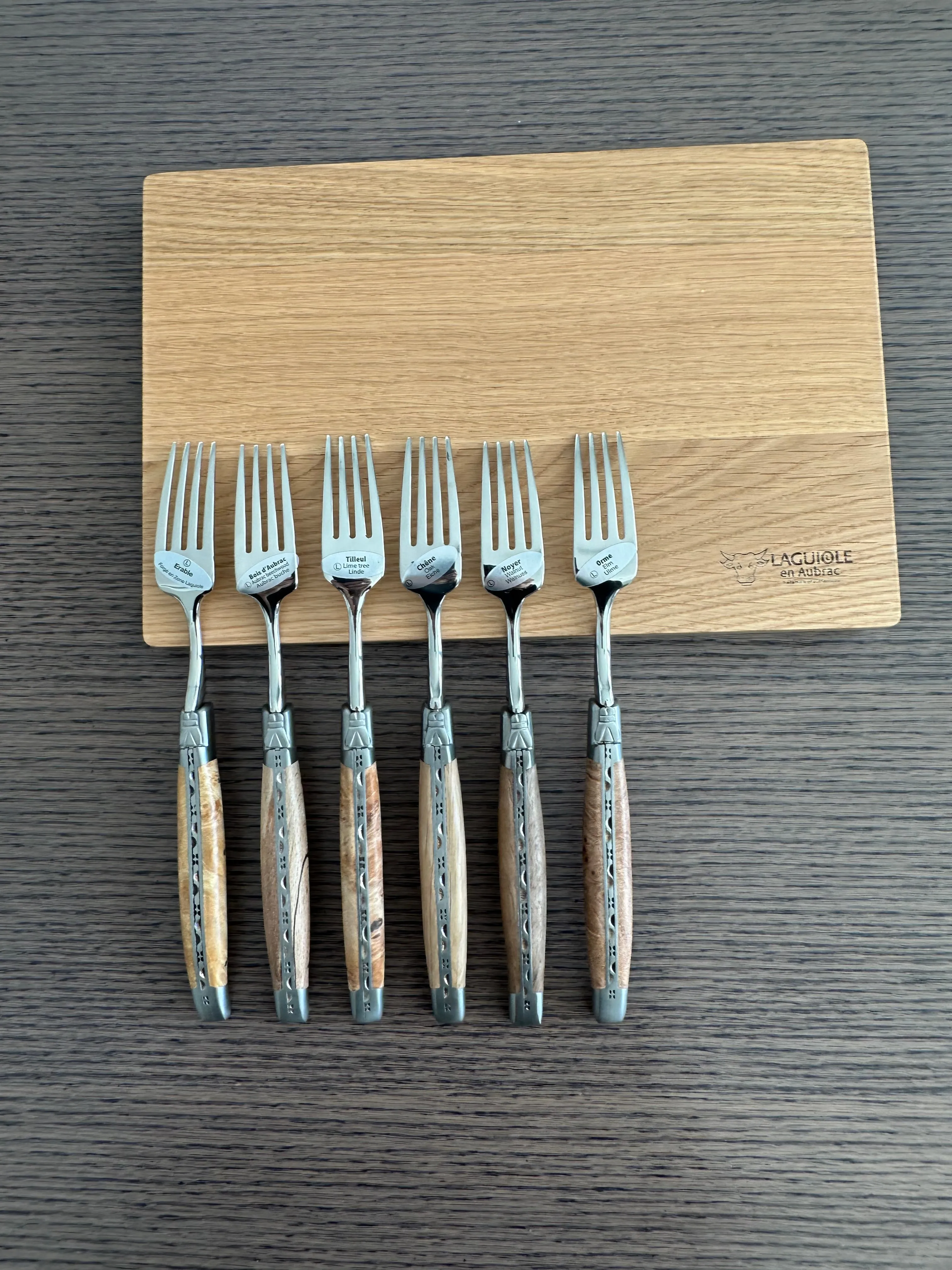 Laguiole en Aubrac Handcrafted 6-Piece Dinner Fork Set with Mixed European Wood Handles