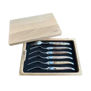 Laguiole en Aubrac Handcrafted 6-Piece Dinner Fork Set with Mixed European Wood Handles