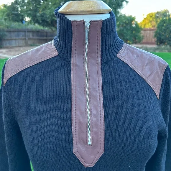 Lauren Ralph Lauren Sweater Knit Cotton with Brown Leather Accents | Size Large