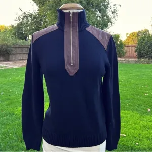 Lauren Ralph Lauren Sweater Knit Cotton with Brown Leather Accents | Size Large