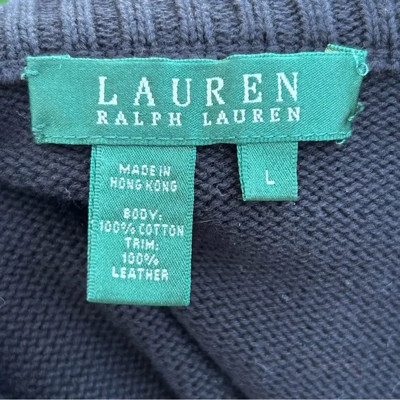 Lauren Ralph Lauren Sweater Knit Cotton with Brown Leather Accents | Size Large