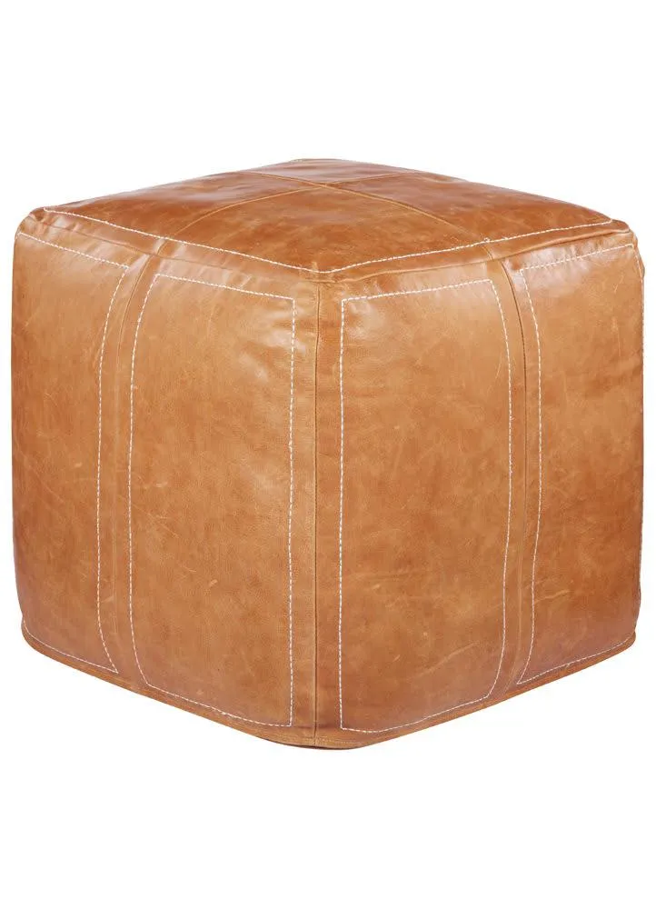Leather Ottoman with Linen Stitching