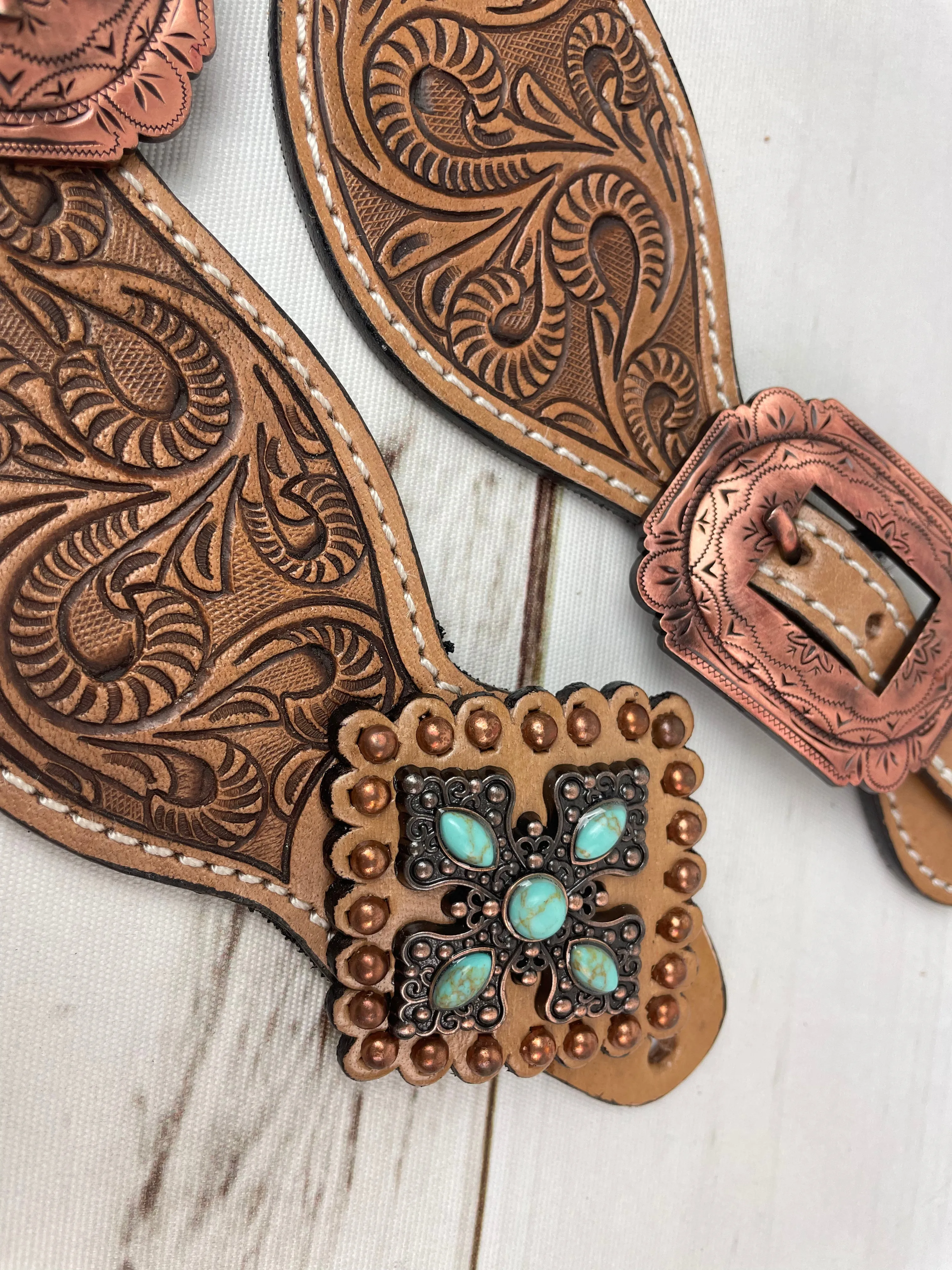 Leather Tooled Cross Concho Spur Straps