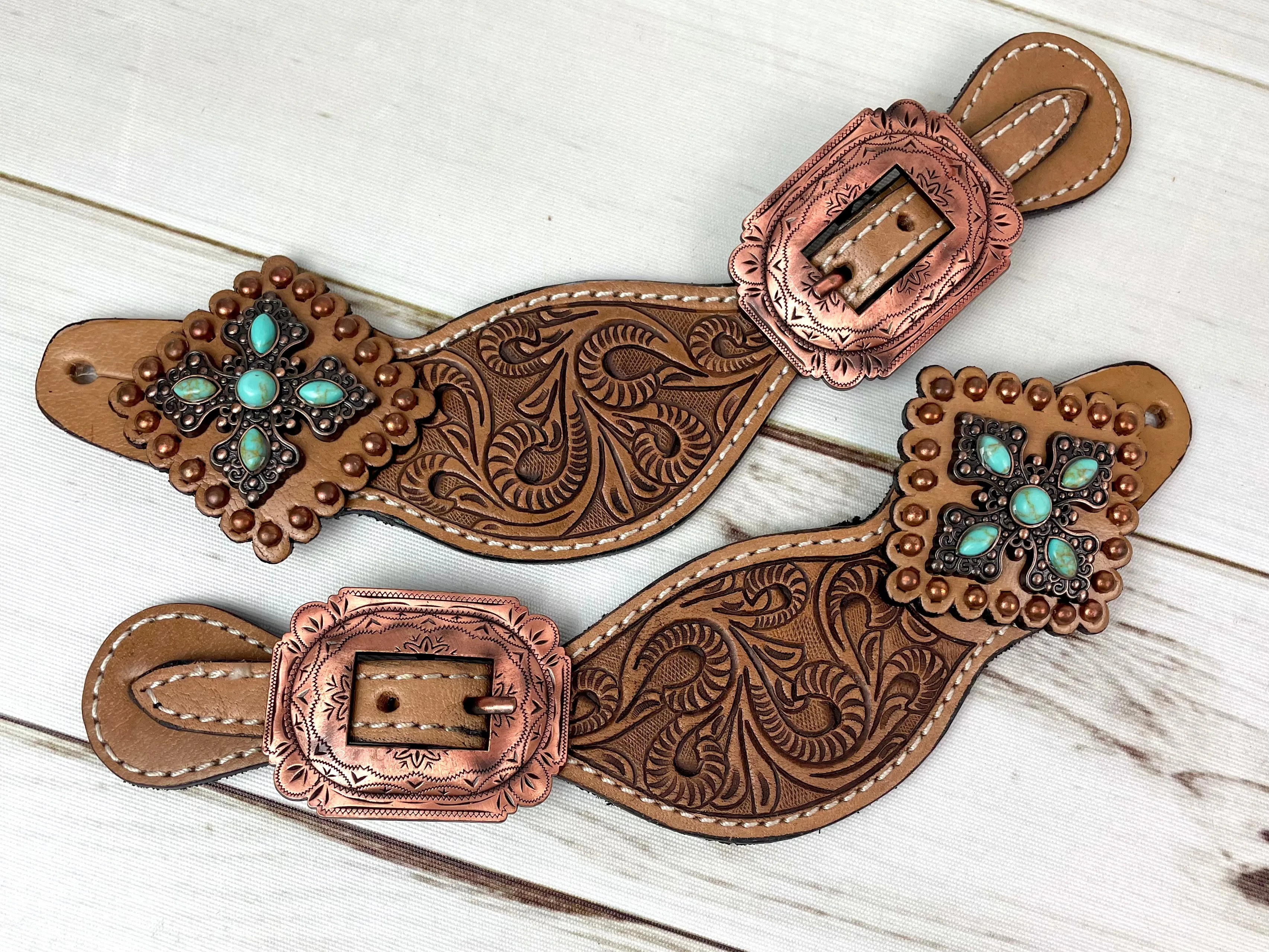 Leather Tooled Cross Concho Spur Straps