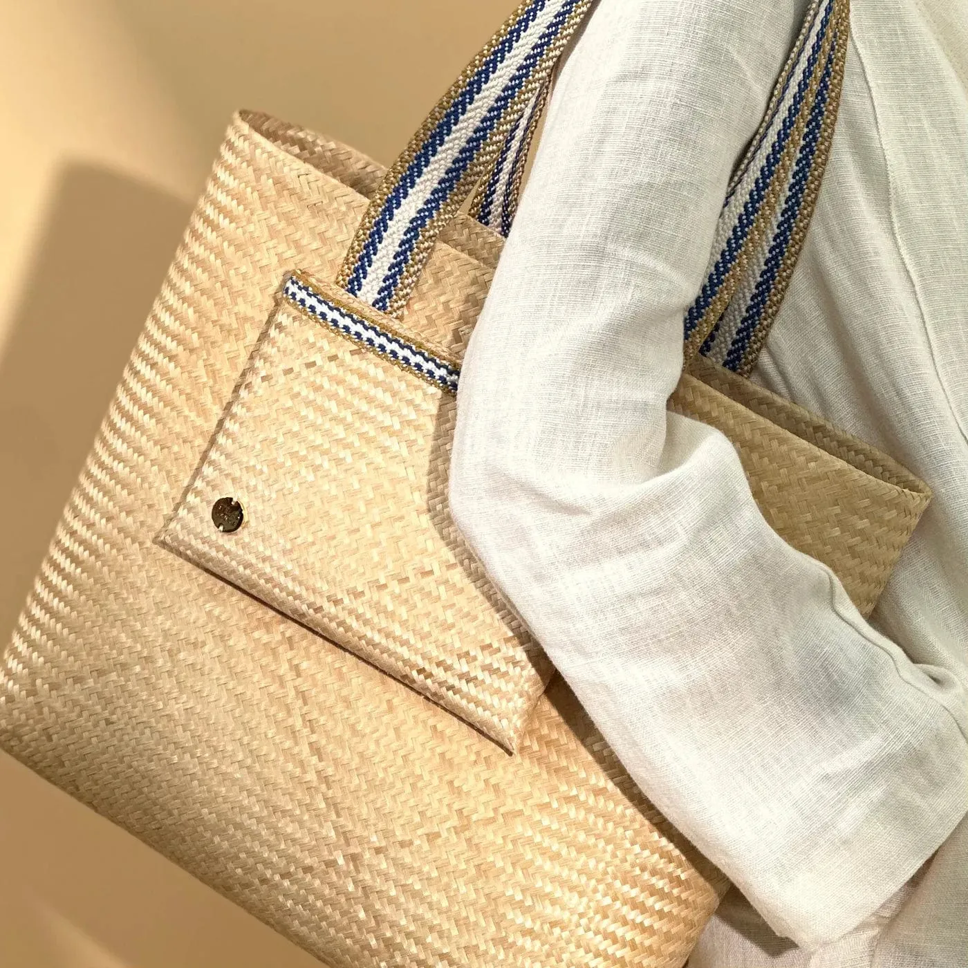 Lembata Bamboo Small Shopper Bag | Neutral & Blue Stripe