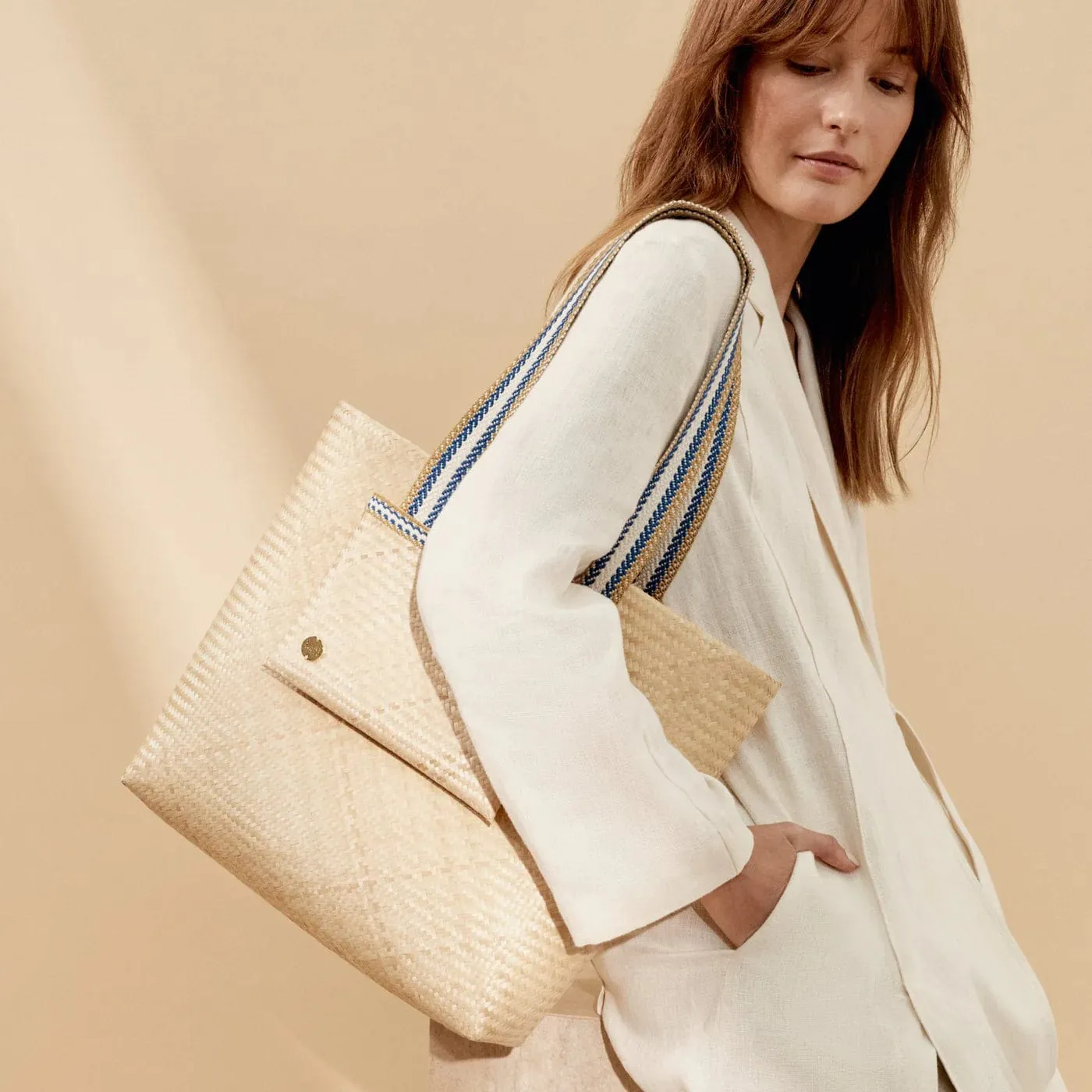 Lembata Bamboo Small Shopper Bag | Neutral & Blue Stripe