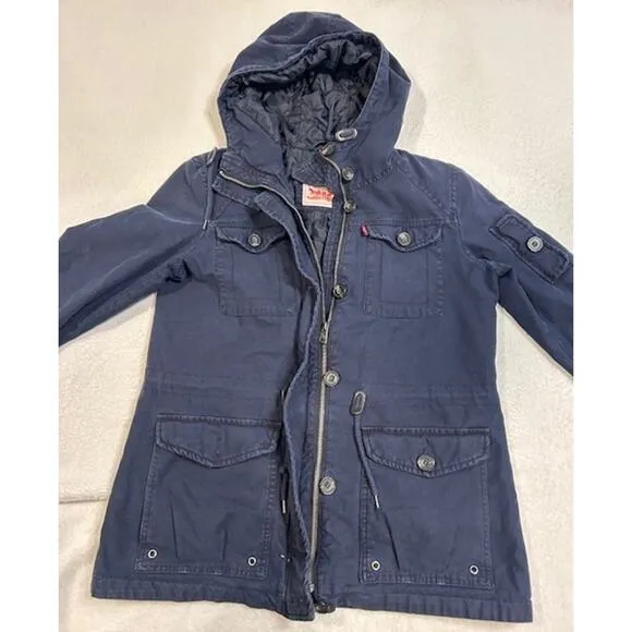 LEVIS Navy Four Pocket Military Field Jacket Cotton Canvas Hooded Hoodie MEDIUM