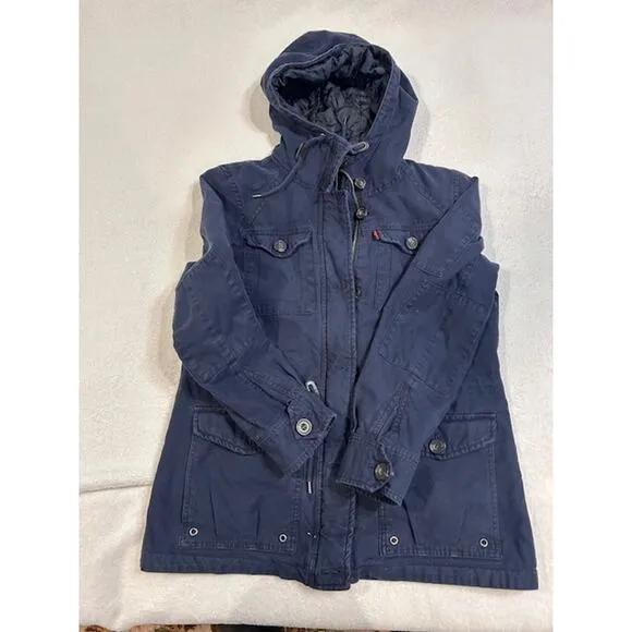 LEVIS Navy Four Pocket Military Field Jacket Cotton Canvas Hooded Hoodie MEDIUM