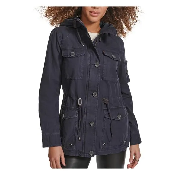 LEVIS Navy Four Pocket Military Field Jacket Cotton Canvas Hooded Hoodie MEDIUM
