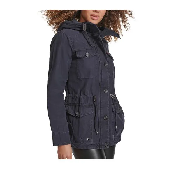 LEVIS Navy Four Pocket Military Field Jacket Cotton Canvas Hooded Hoodie MEDIUM