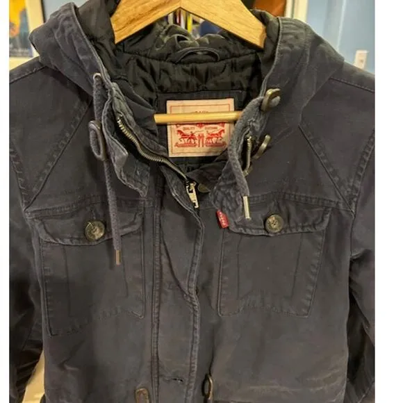 LEVIS Navy Four Pocket Military Field Jacket Cotton Canvas Hooded Hoodie MEDIUM