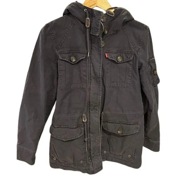 LEVIS Navy Four Pocket Military Field Jacket Cotton Canvas Hooded Hoodie MEDIUM