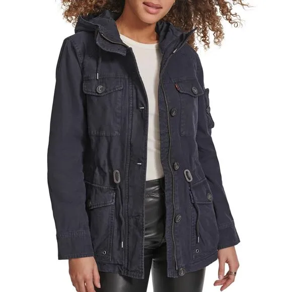 LEVIS Navy Four Pocket Military Field Jacket Cotton Canvas Hooded Hoodie MEDIUM