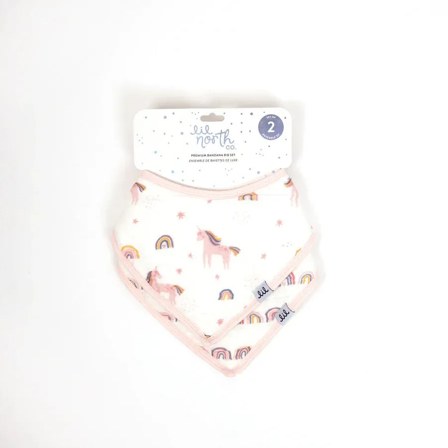 Lil North Co. Muslin Bandana Bib Set – Bright Unicorn & Rainbow