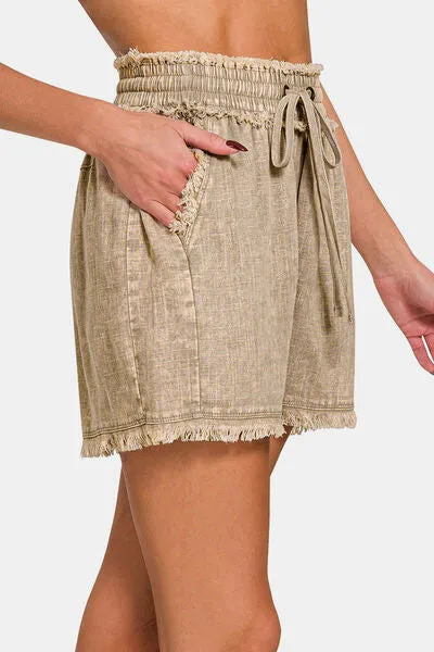 Linen Frayed Hem Beige Drawstring Shorts