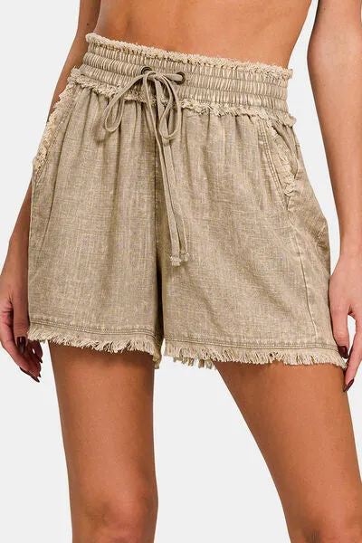 Linen Frayed Hem Beige Drawstring Shorts
