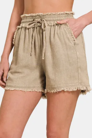 Linen Frayed Hem Beige Drawstring Shorts