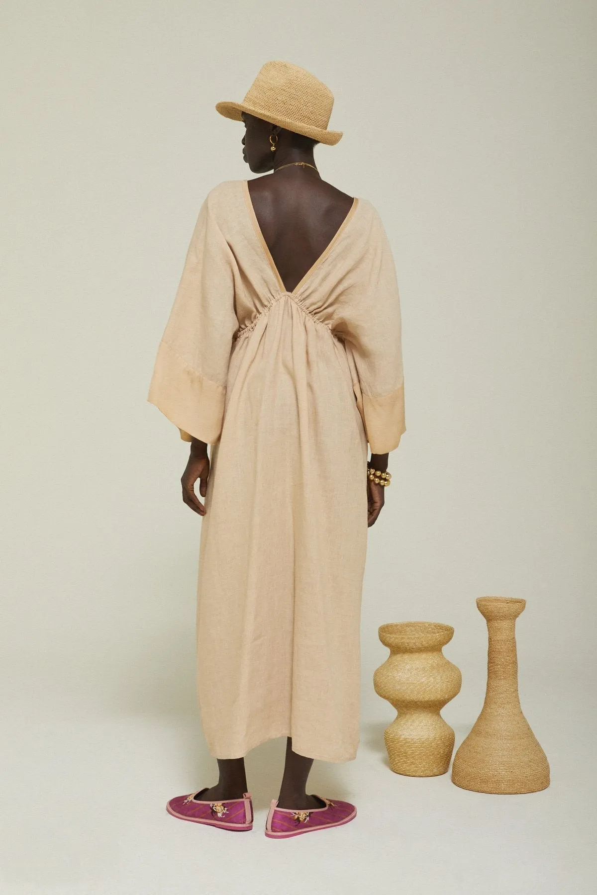 LINEN LONG DRESS WITH DRAWSTRING - NUDE