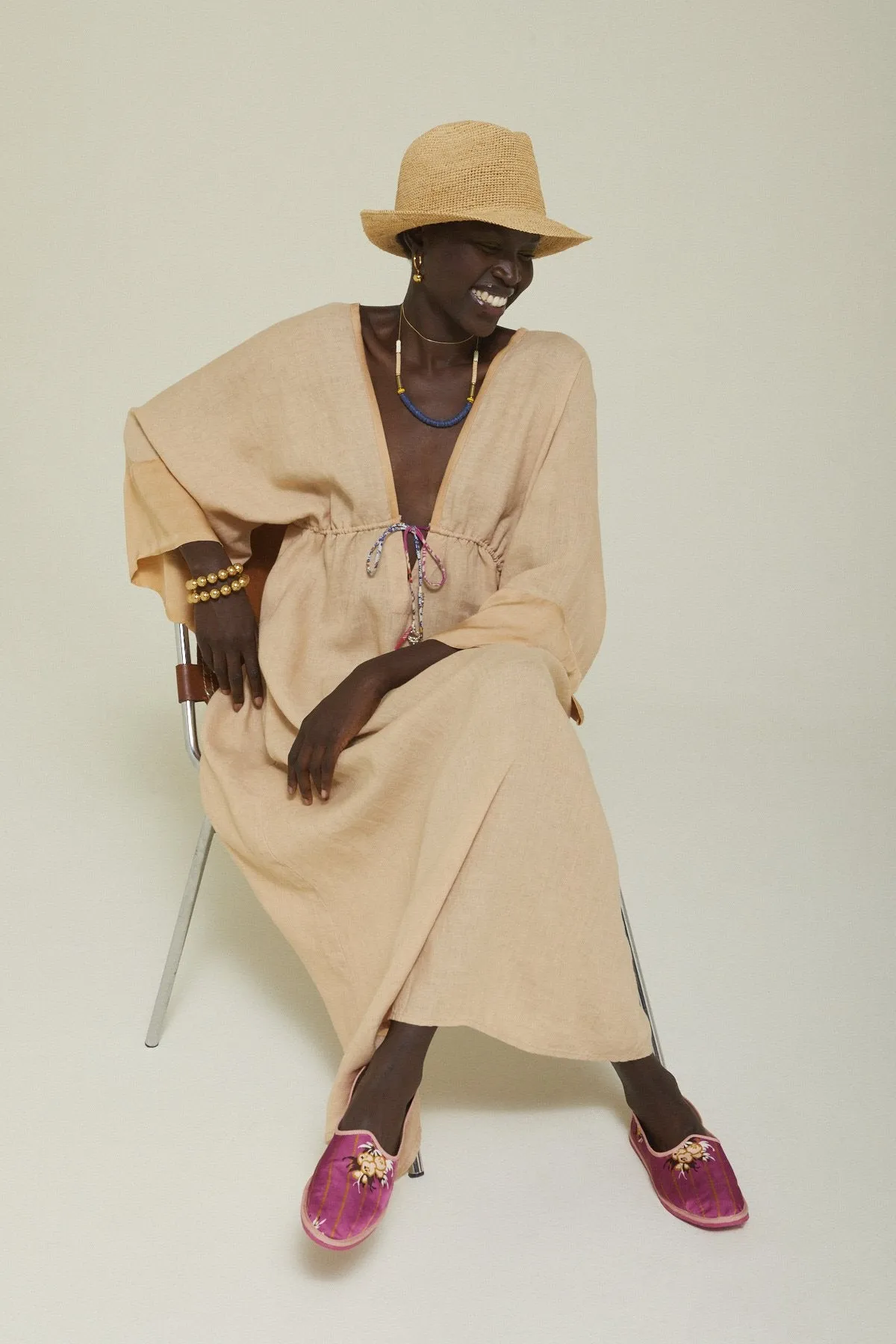 LINEN LONG DRESS WITH DRAWSTRING - NUDE