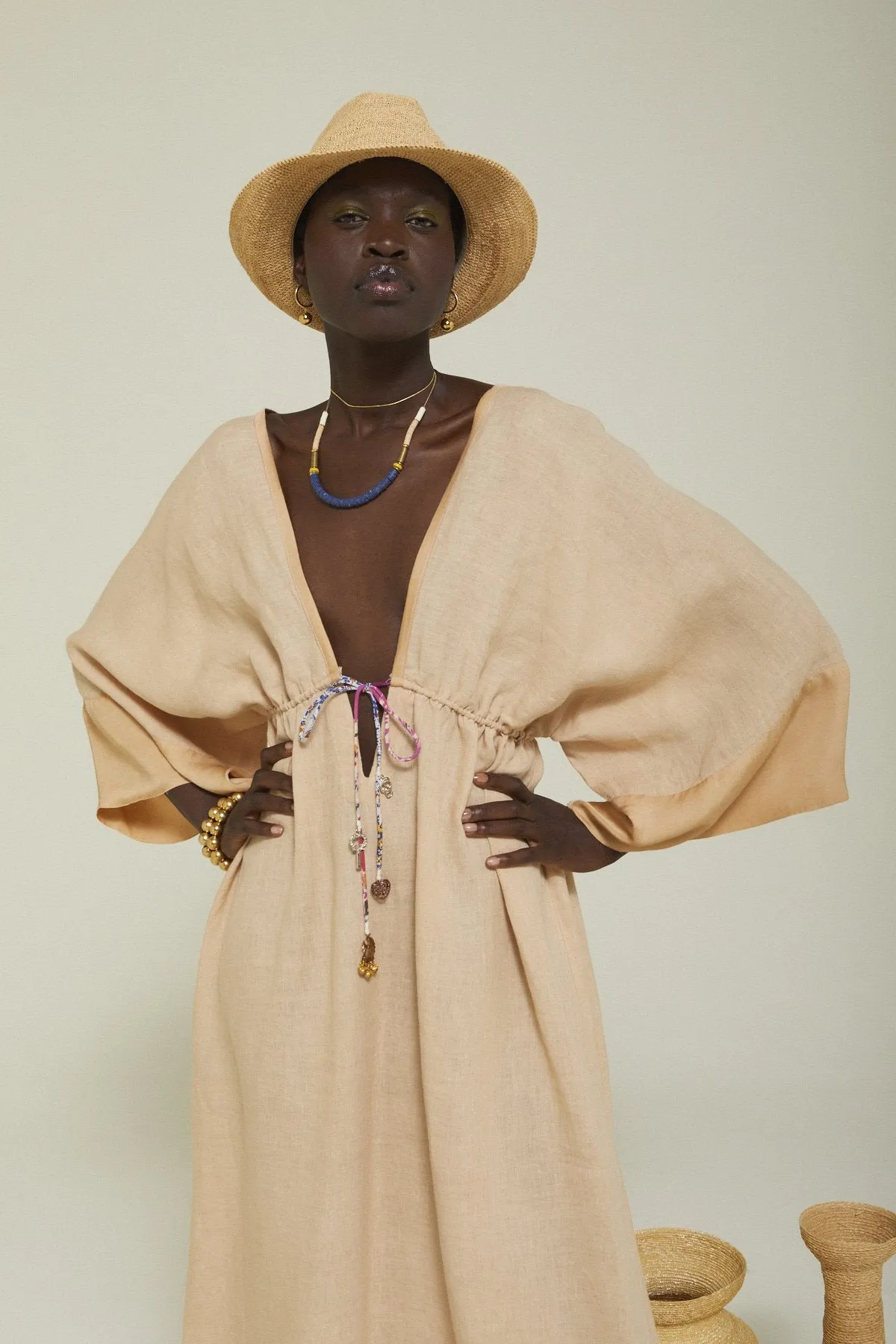 LINEN LONG DRESS WITH DRAWSTRING - NUDE