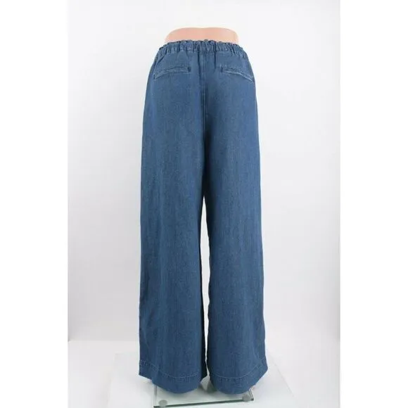 Loft Womens Drawstring Wide Leg Jeans S Blue Cotton Linen Pull On Indigo Seas