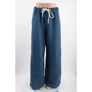 Loft Womens Drawstring Wide Leg Jeans S Blue Cotton Linen Pull On Indigo Seas