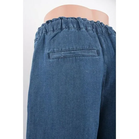 Loft Womens Drawstring Wide Leg Jeans S Blue Cotton Linen Pull On Indigo Seas