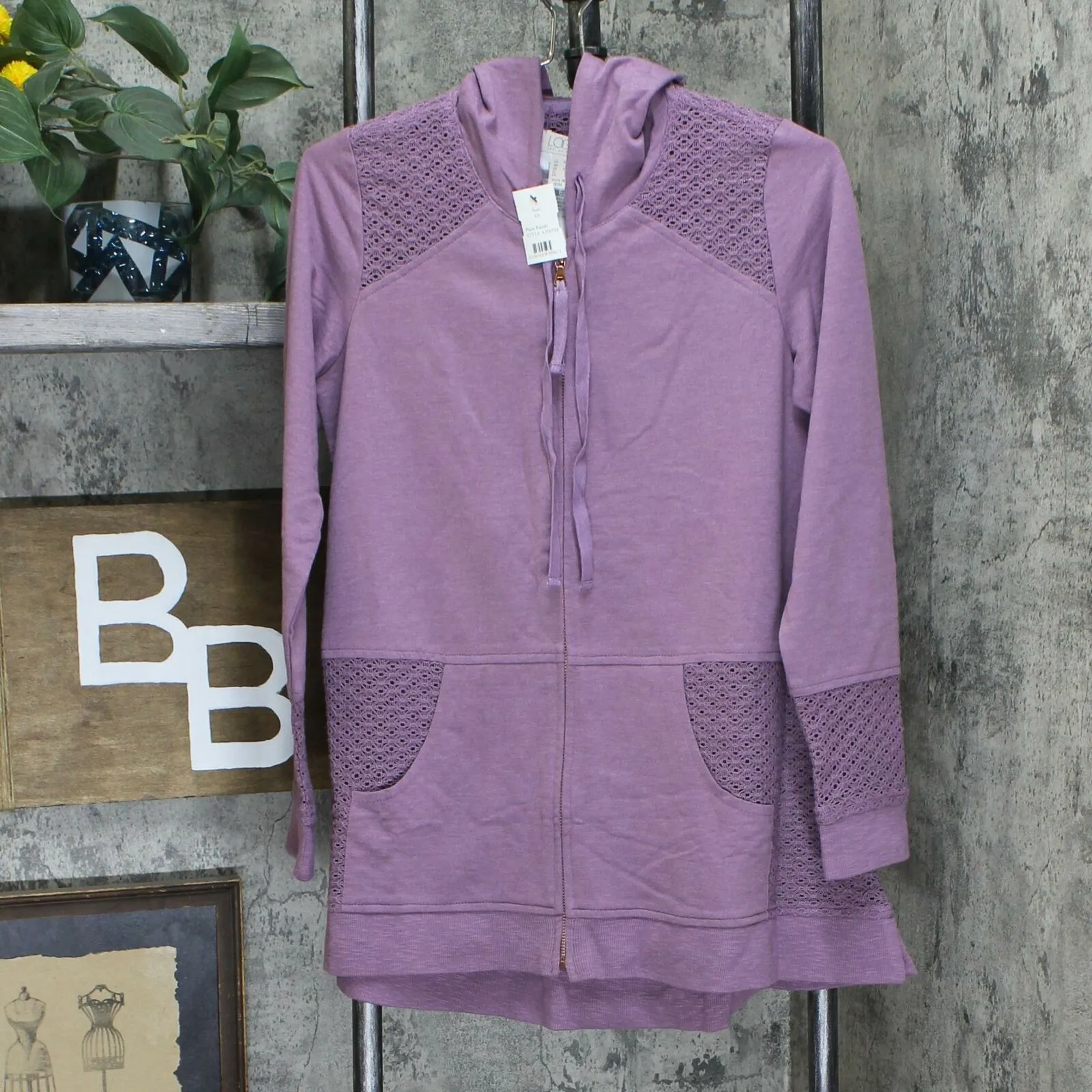 LOGO by Lori Goldstein Washed French Terry Crochet Zip Up Hoodie