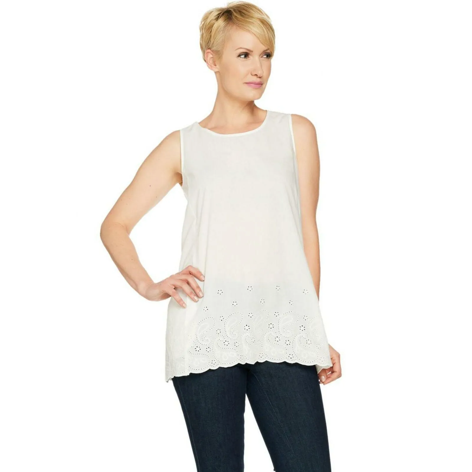 LOGO by Lori Goldstein Women's Woven Tank Top With Eyelet Lace Hem