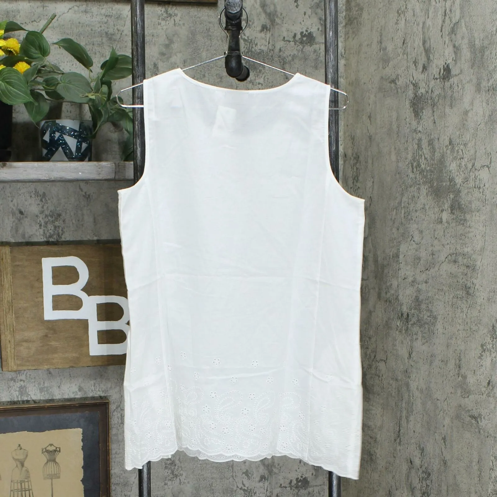 LOGO by Lori Goldstein Women's Woven Tank Top With Eyelet Lace Hem