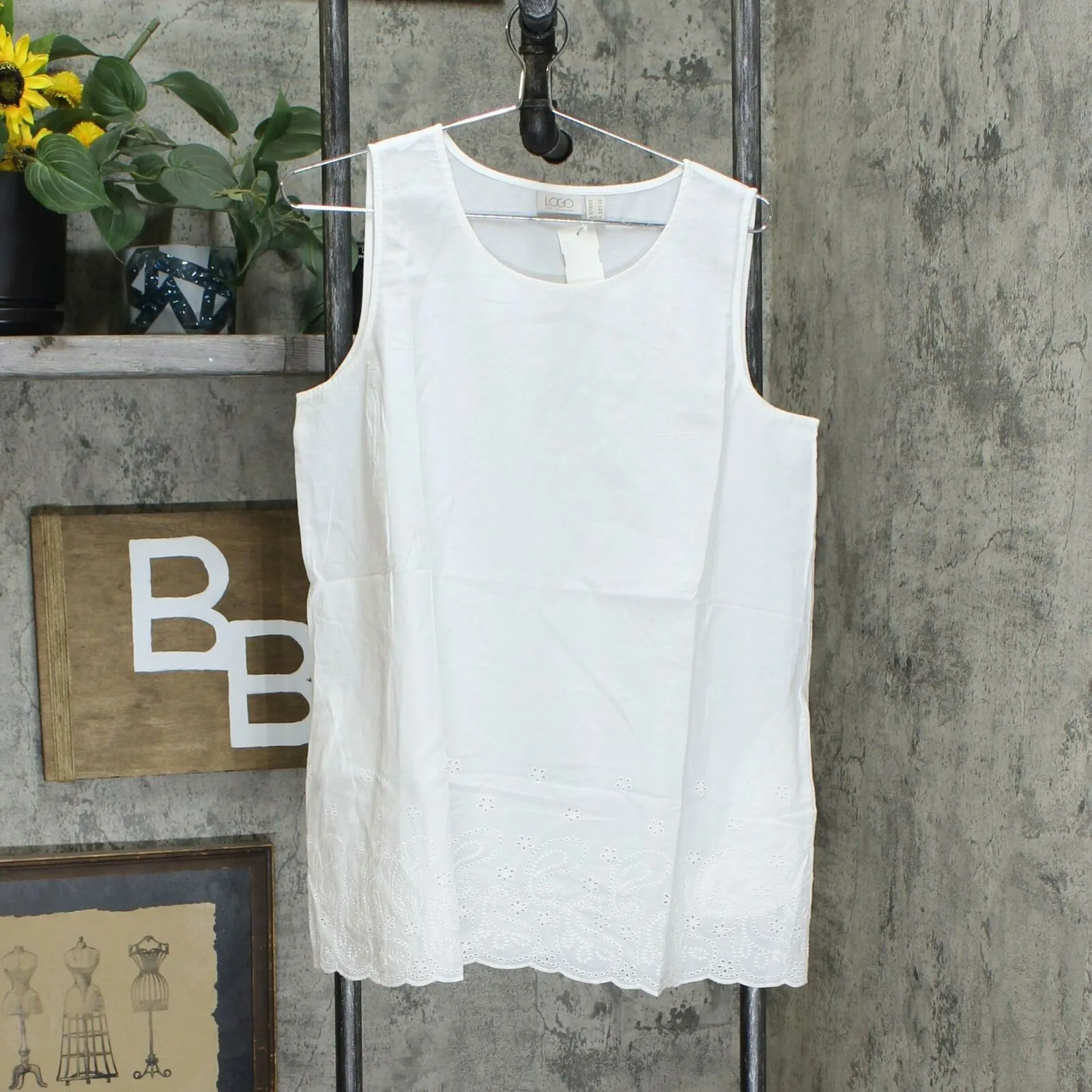 LOGO by Lori Goldstein Women's Woven Tank Top With Eyelet Lace Hem