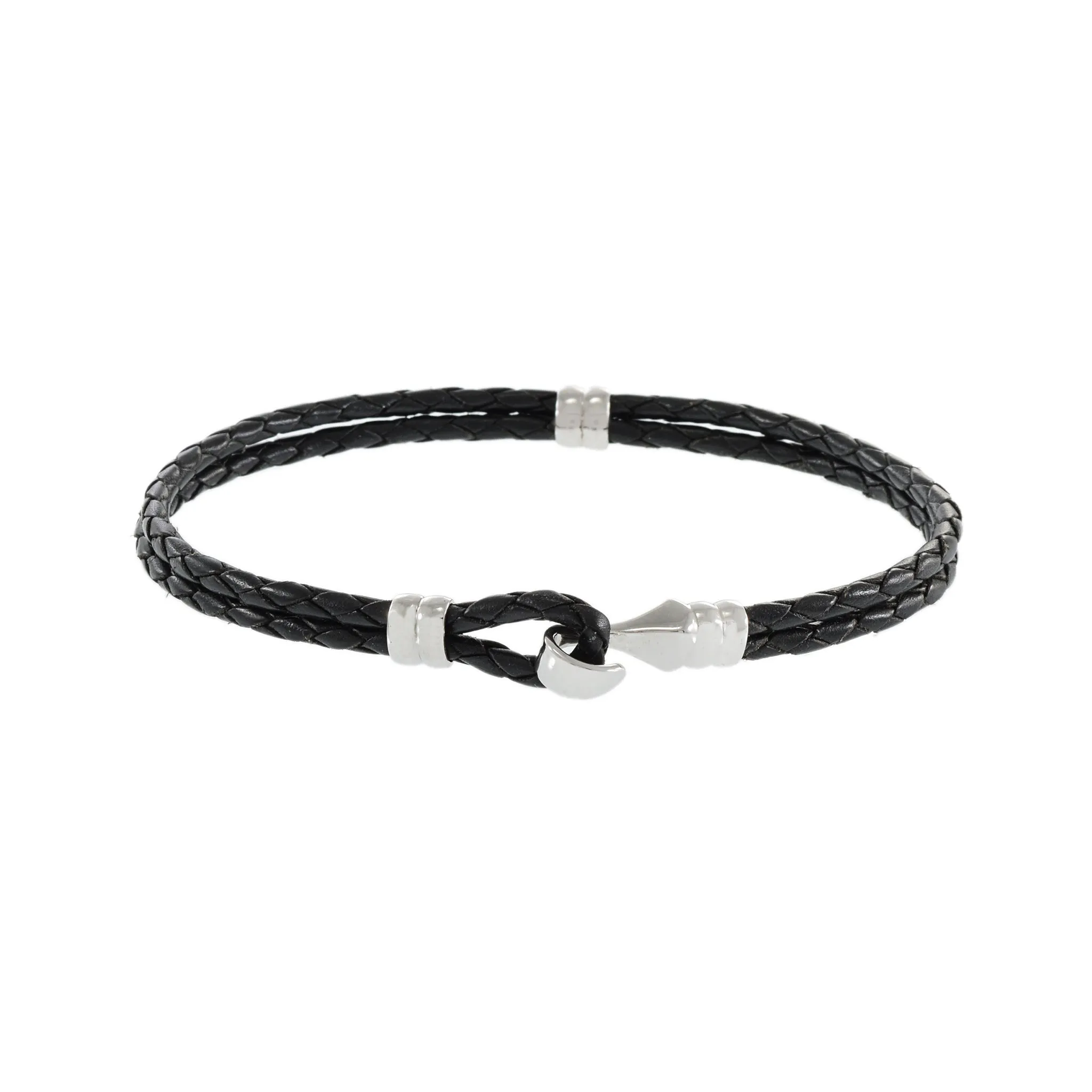 Louis Martin Sterling Silver 8.5" Italian Black Leather Weave Bracelet